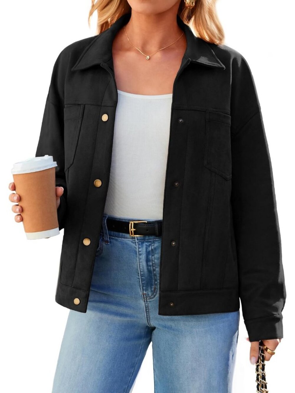 Women's Black Faux Suede Slightly Oversized Button-down Drop Shoulder Shacket